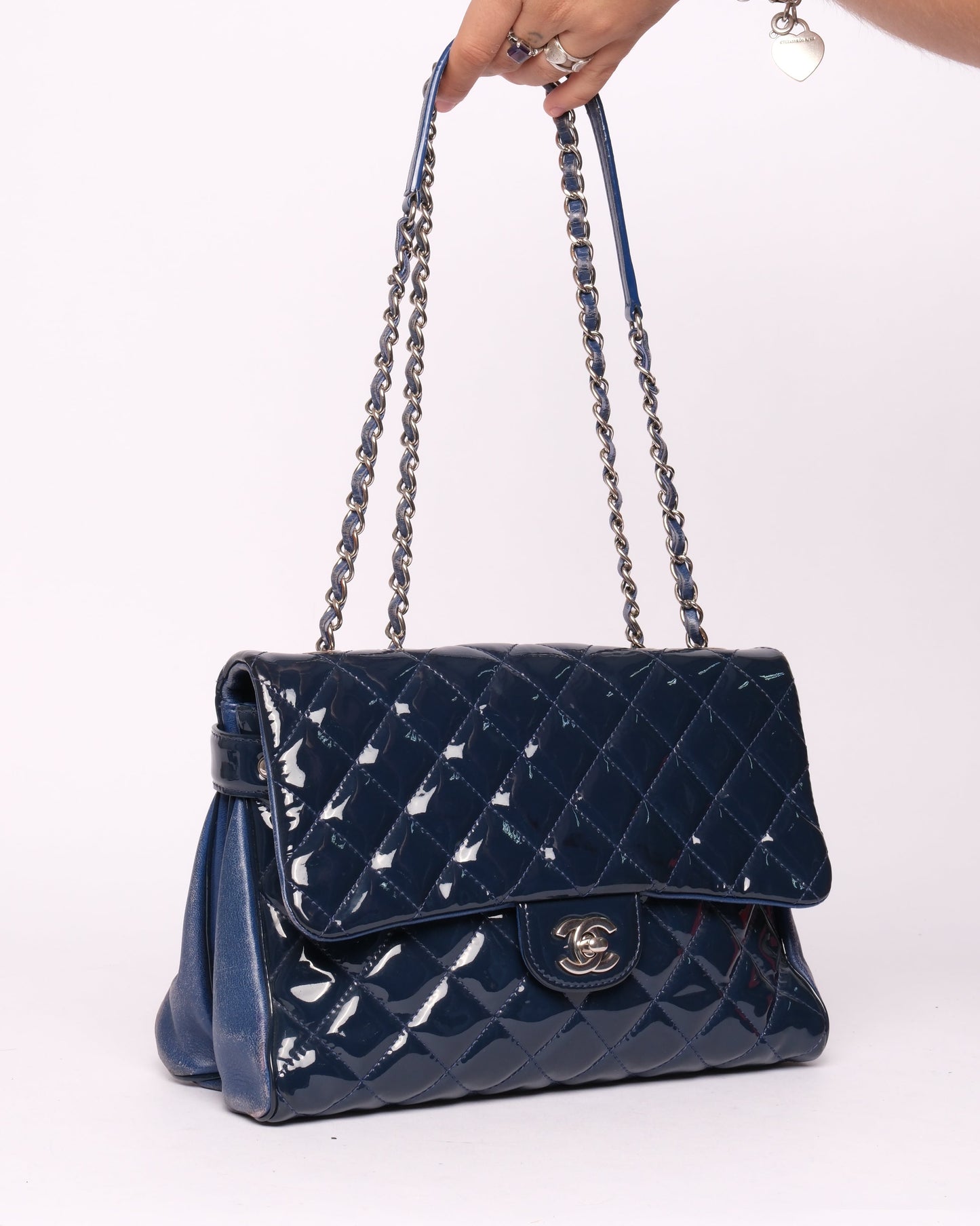 Chanel Blue Patent & Lambskin Leather Interwoven Chain Flap Shoulder Bag