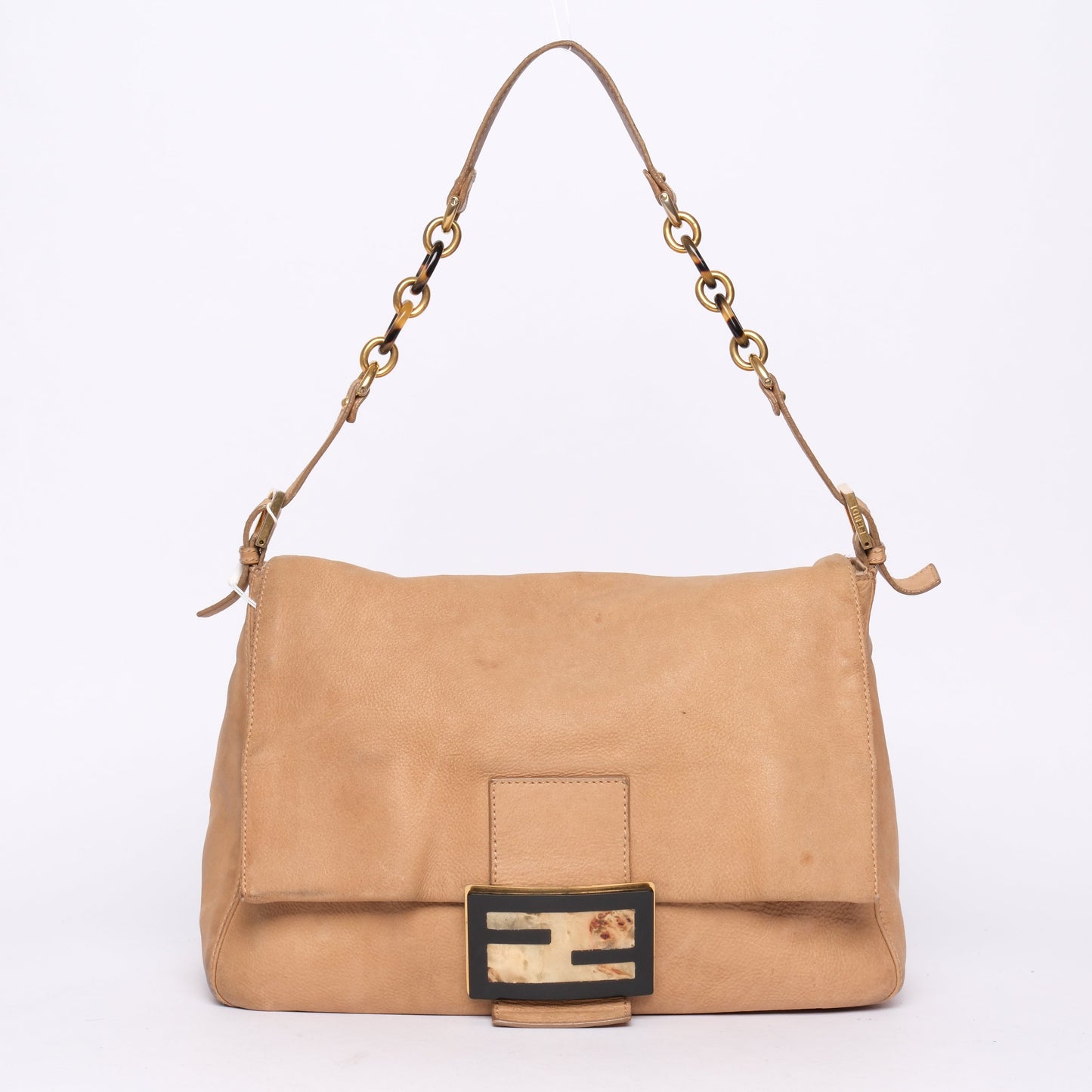 Fendi Brown Leather Jumbo Burl Wood Mamma Baguette