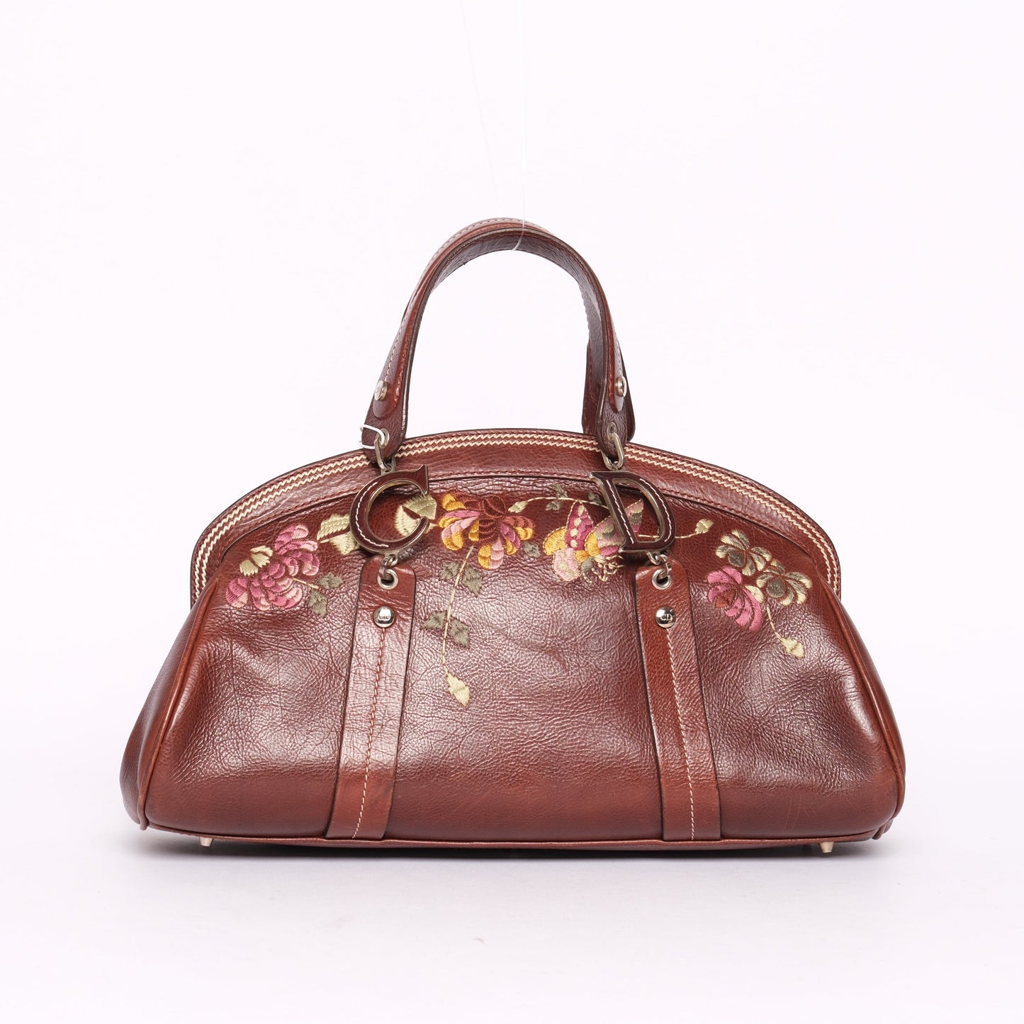 Christian Dior Brown Leather Floral Embroidered Detective Bowler Bag