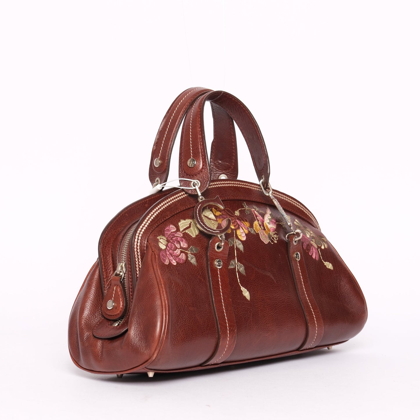 Christian Dior Brown Leather Floral Embroidered Detective Bowler Bag
