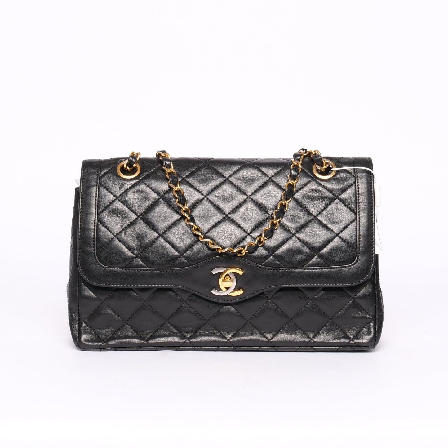 Chanel Black Lambskin Leather Quilted Paris Exclusive Two-Tone Double Flap