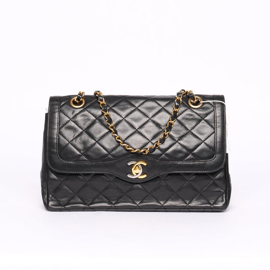 Chanel Black Lambskin Leather Quilted Paris Exclusive Two-Tone Double Flap