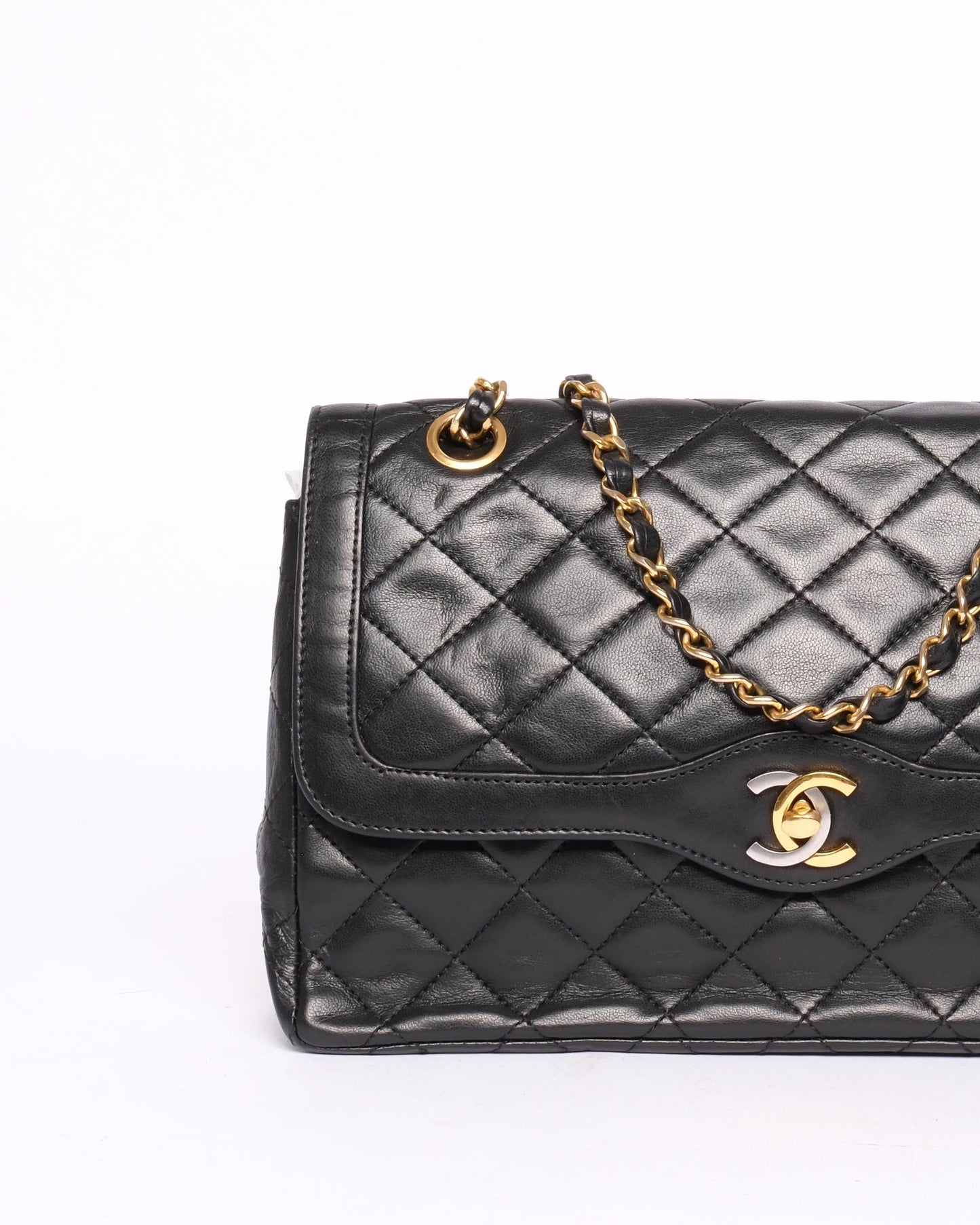 Chanel Black Lambskin Leather Quilted Paris Exclusive Two-Tone Double Flap
