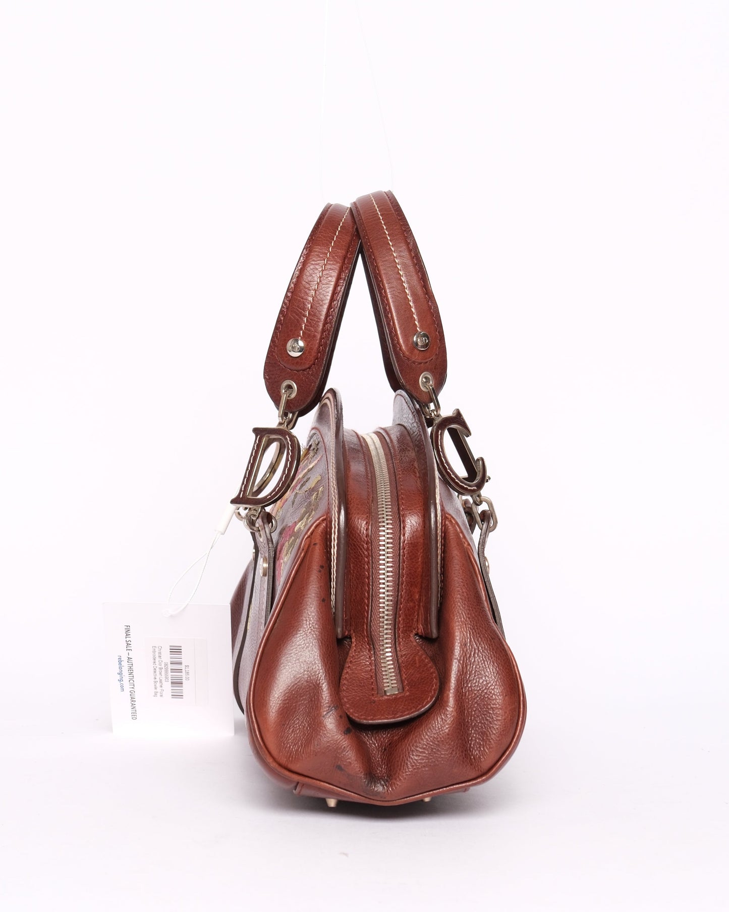 Christian Dior Brown Leather Floral Embroidered Detective Bowler Bag