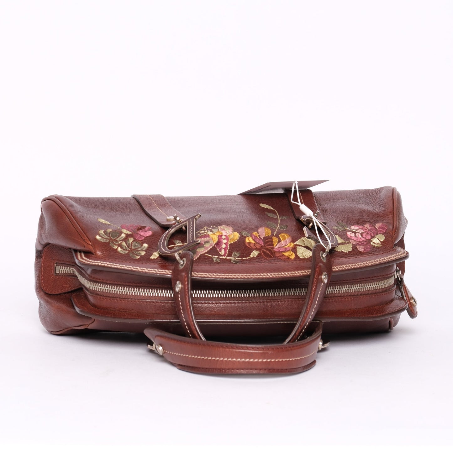Christian Dior Brown Leather Floral Embroidered Detective Bowler Bag