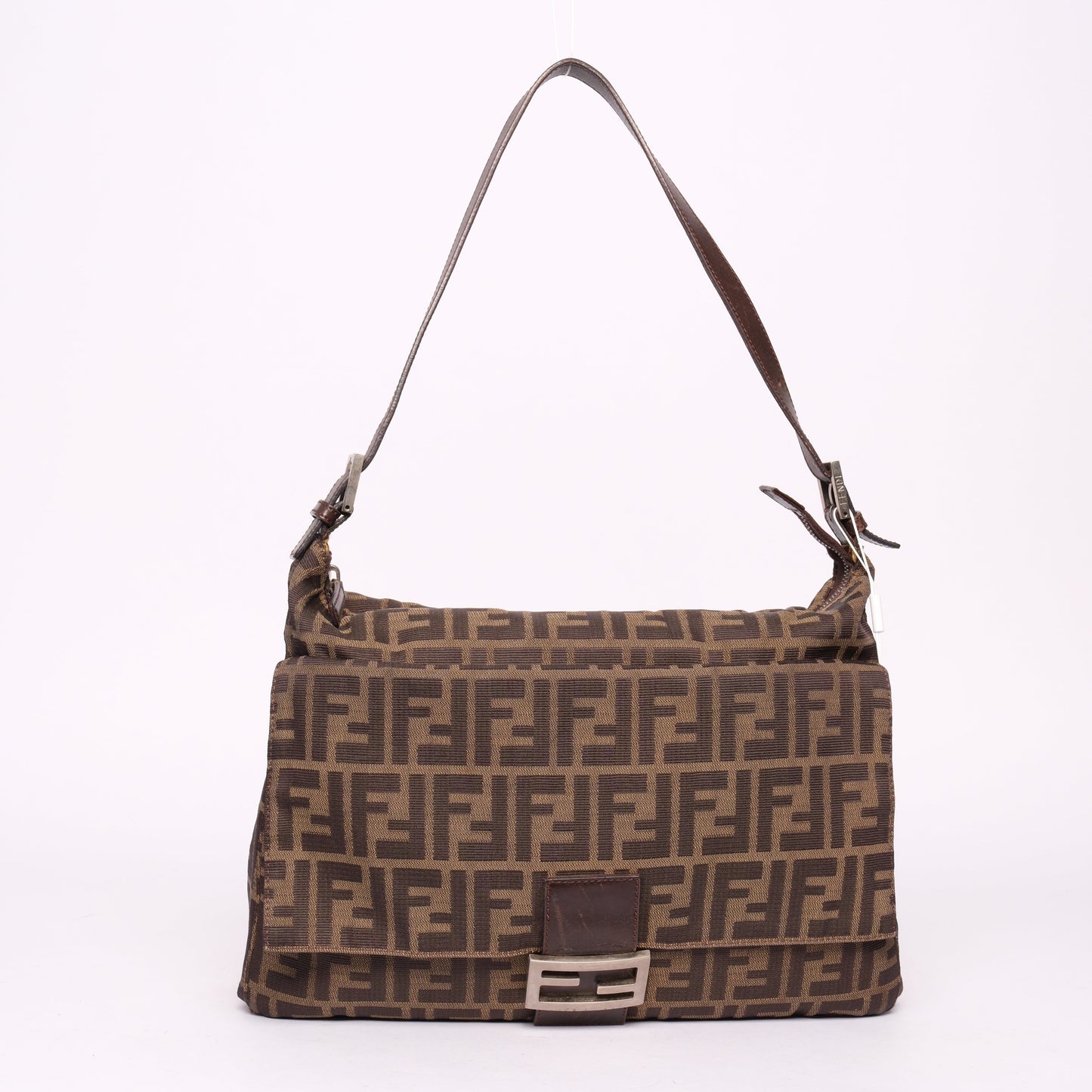 Fendi Brown Canvas Zucca Monogram Zipper Mamma Baguette Shoulder Bag