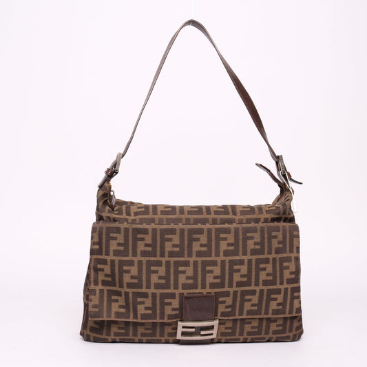 Fendi Brown Canvas Zucca Monogram Zipper Mamma Baguette Shoulder Bag