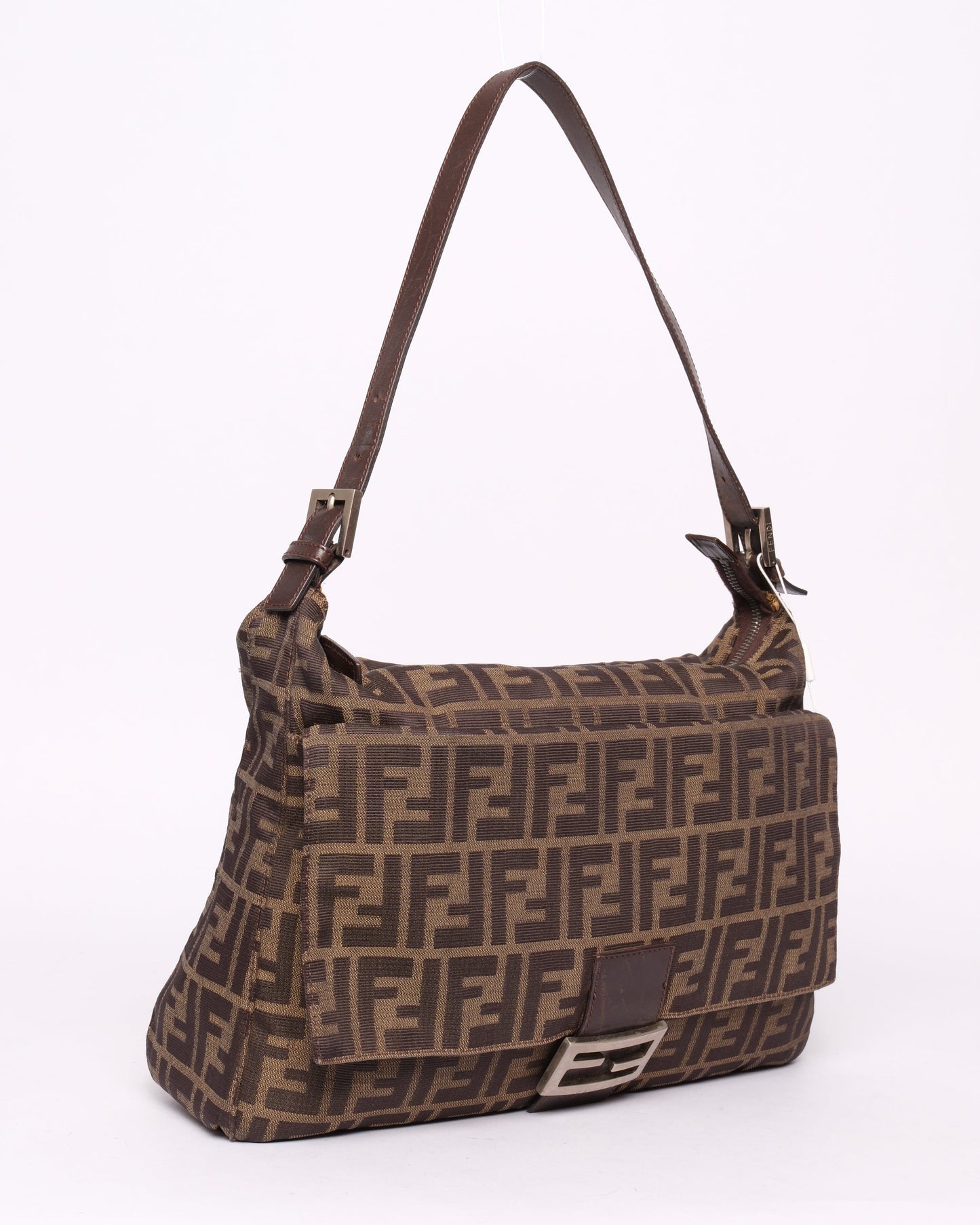 Fendi Brown Canvas Zucca Monogram Zipper Mamma Baguette Shoulder Bag