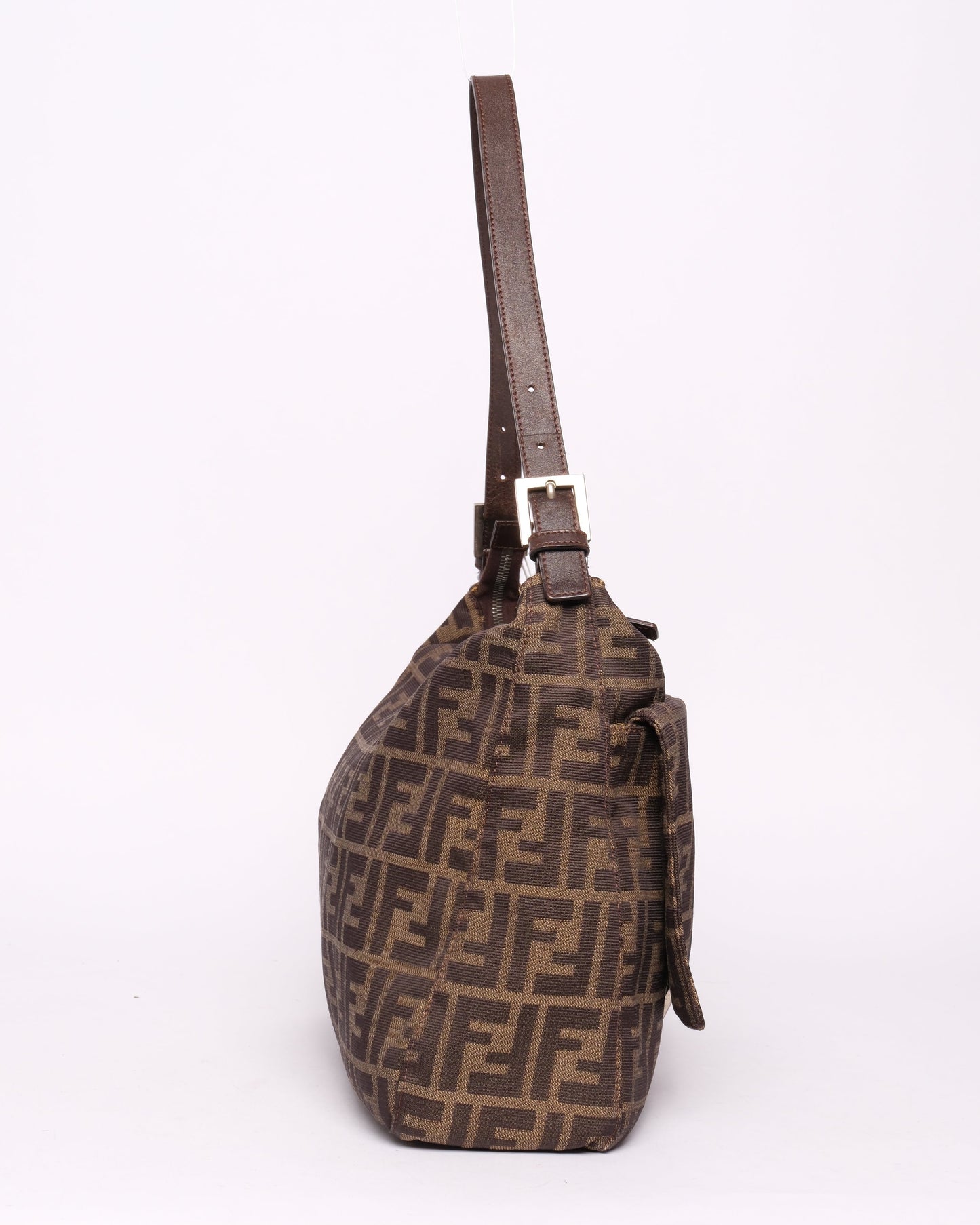 Fendi Brown Canvas Zucca Monogram Zipper Mamma Baguette Shoulder Bag