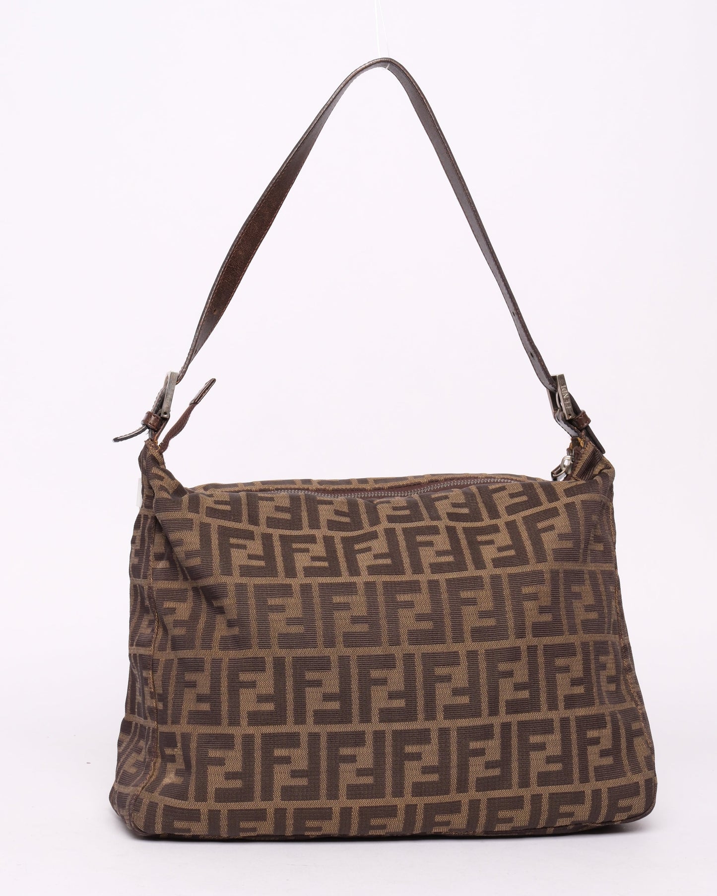 Fendi Brown Canvas Zucca Monogram Zipper Mamma Baguette Shoulder Bag