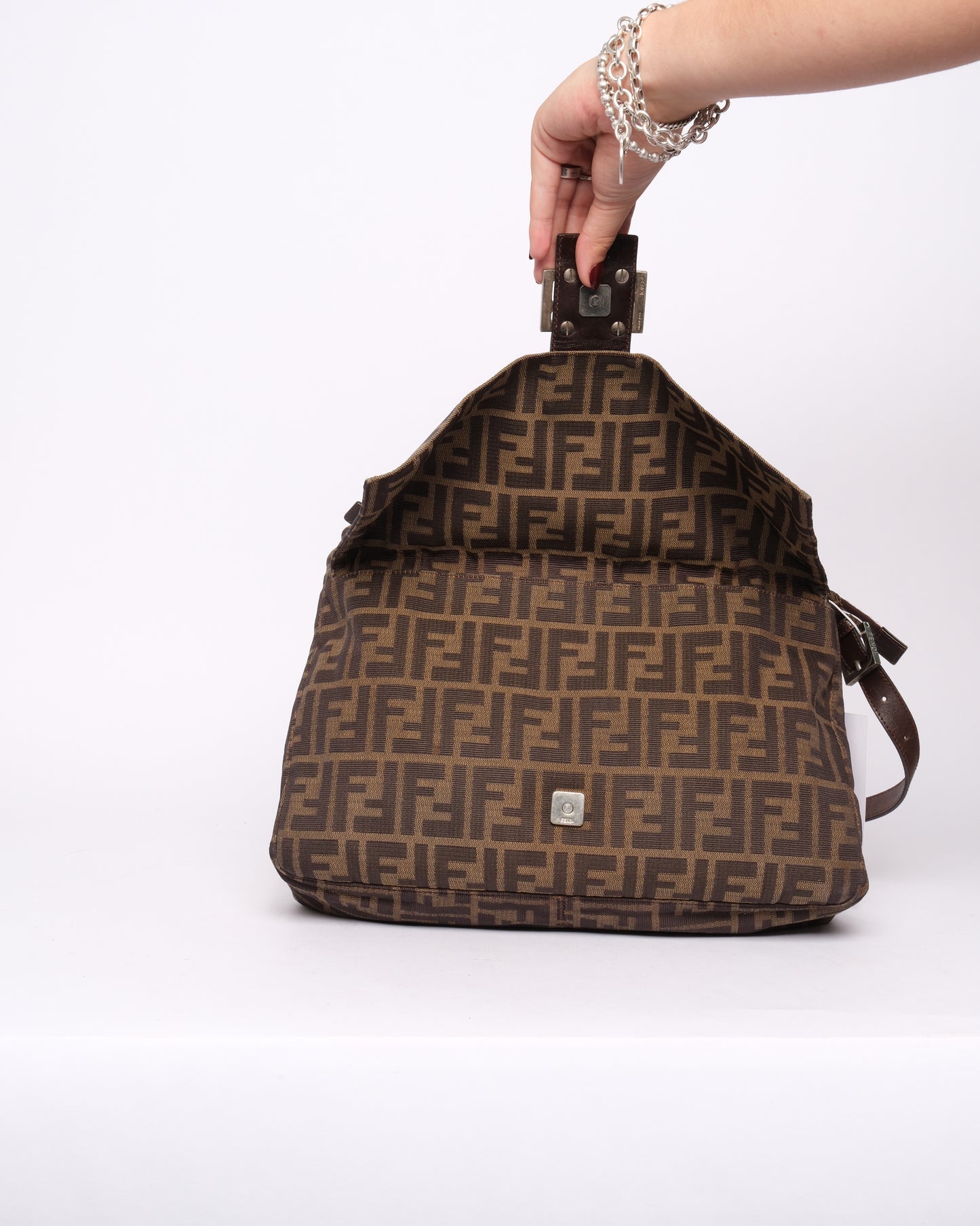 Fendi Brown Canvas Zucca Monogram Zipper Mamma Baguette Shoulder Bag