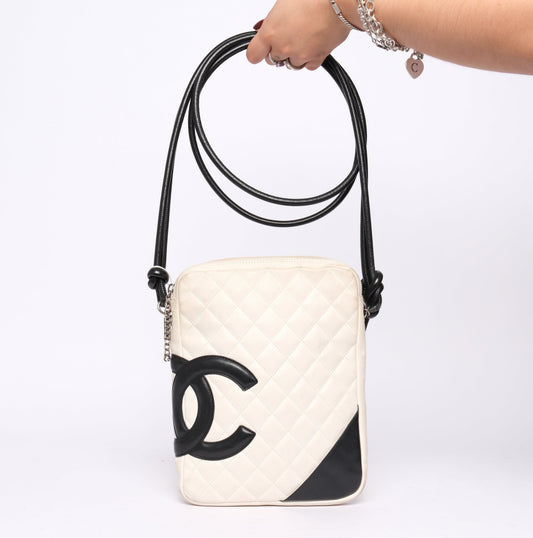 Chanel White & Black Lambskin Leather Quilted Cambon Crossbody Bag
