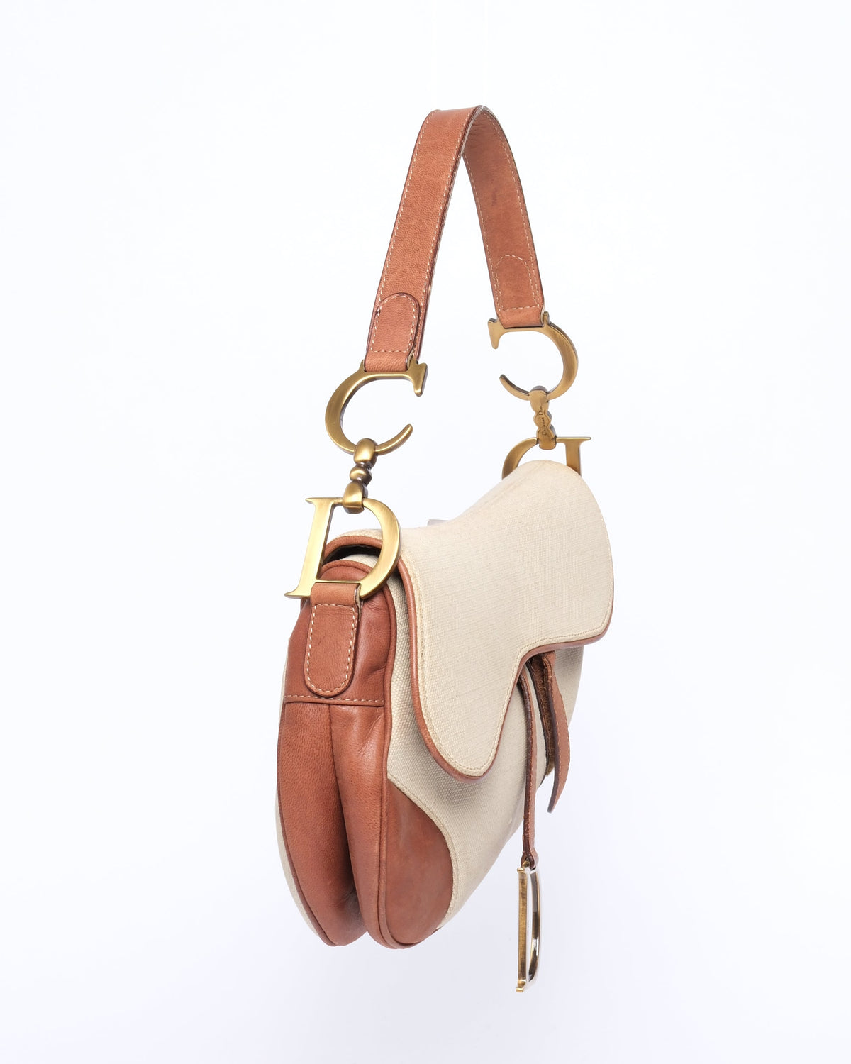 Christian Dior Ivory & Brown Canvas & Leather Saddle Bag