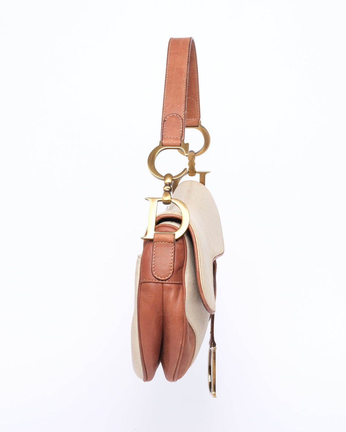 Christian Dior Ivory & Brown Canvas & Leather Saddle Bag