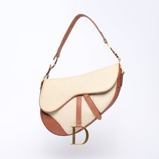 Christian Dior Ivory & Brown Canvas & Leather Saddle Bag