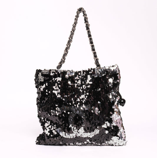 Chanel Black & Silver Sequin Chain Tote Bag