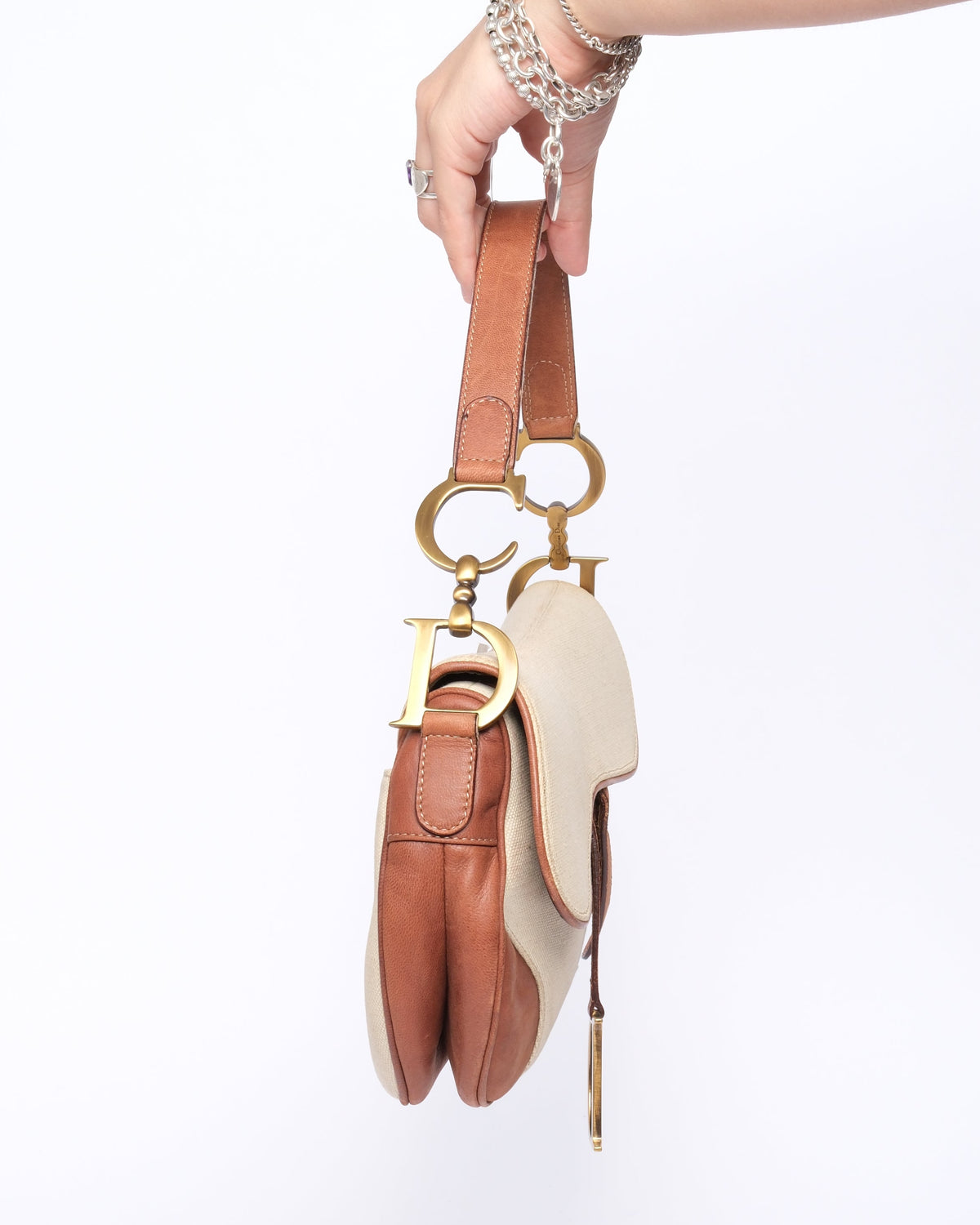 Christian Dior Ivory & Brown Canvas & Leather Saddle Bag