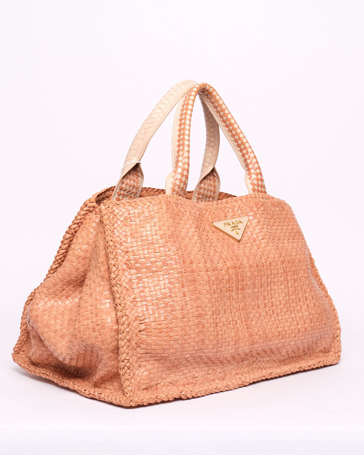 Prada Tan Woven Leather Canapa Tote Bag