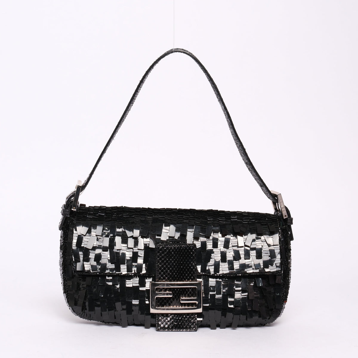 Fendi Black Sequin & Python Baguette Shoulder Bag