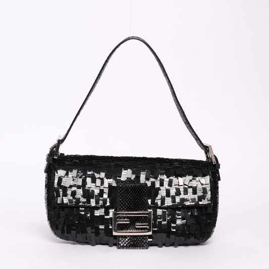 Fendi Black Sequin & Python Baguette Shoulder Bag