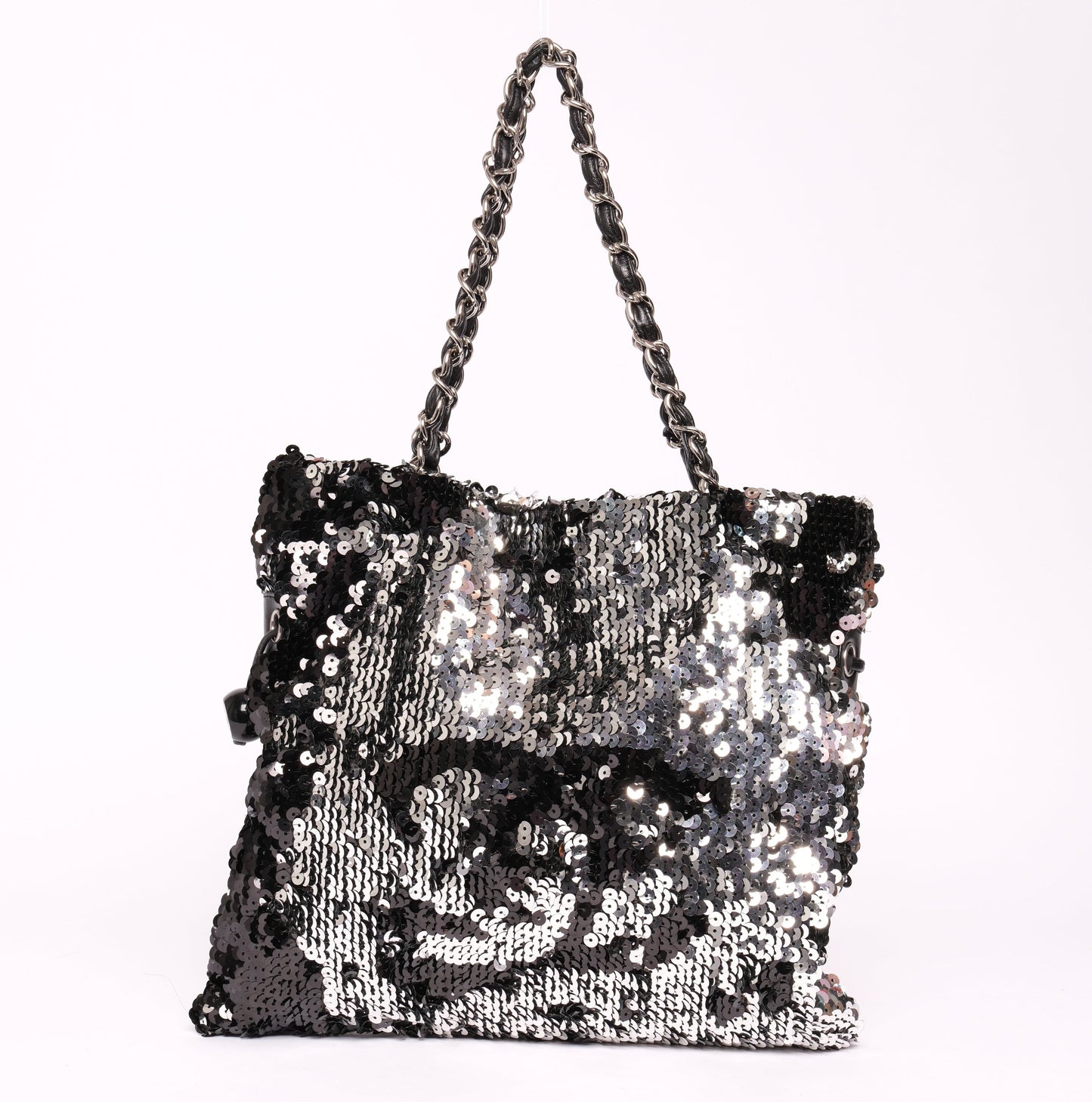 Chanel Black & Silver Sequin Chain Tote Bag