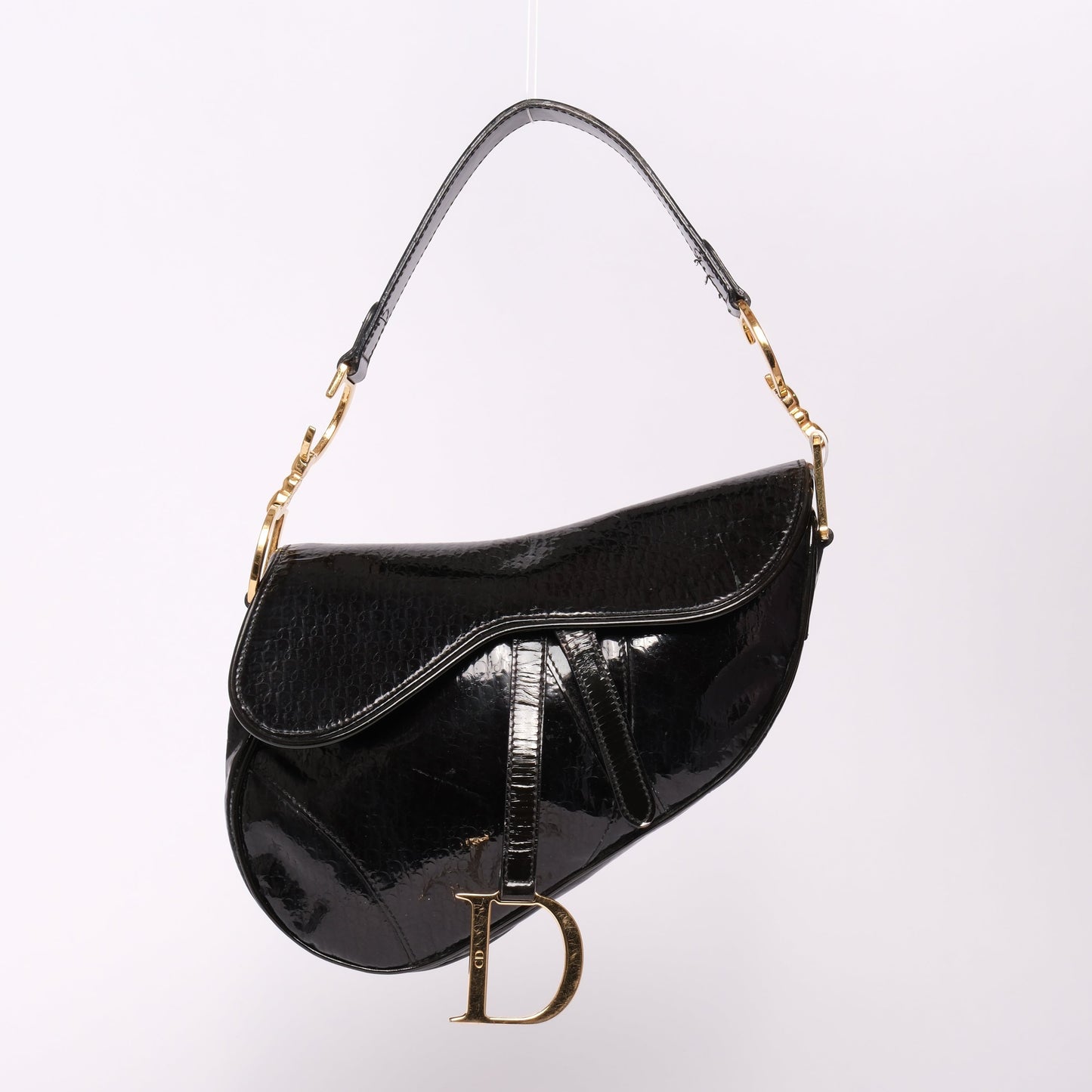 Christian Dior Patent Leather Trotter Monogram Black Saddle Bag w/ Gold Hardware