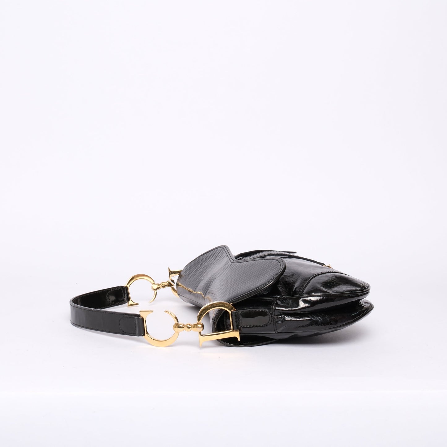 Christian Dior Patent Leather Trotter Monogram Black Saddle Bag w/ Gold Hardware