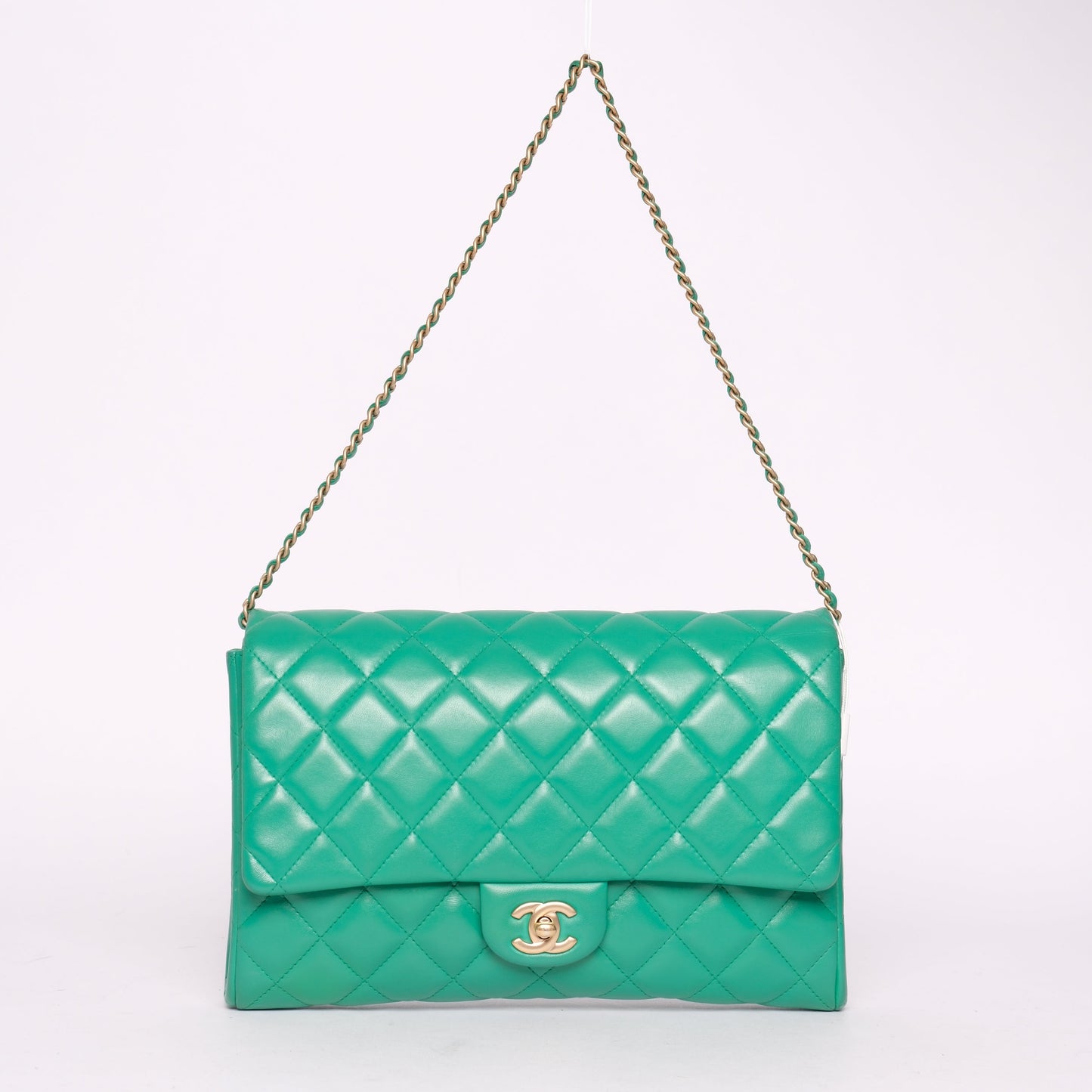 Chanel Kelly Green Lambskin Quilted Clutch Flap GHW