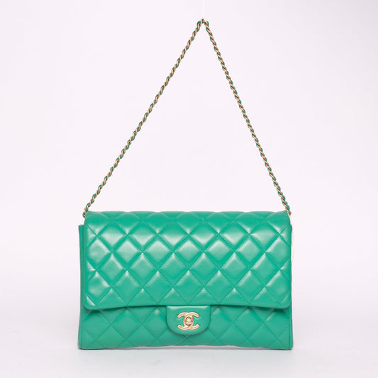 Chanel Kelly Green Lambskin Quilted Clutch Flap GHW