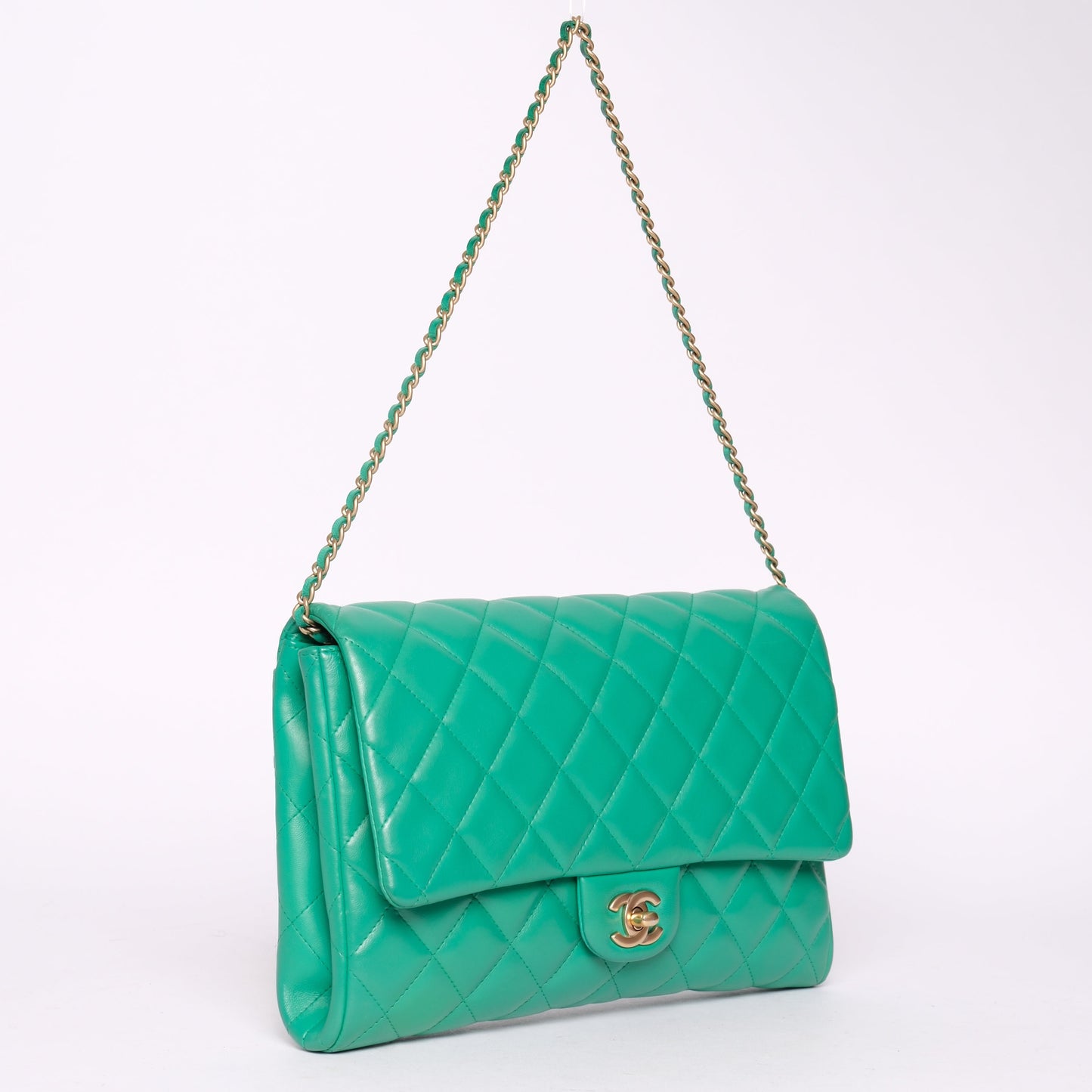 Chanel Kelly Green Lambskin Quilted Clutch Flap GHW