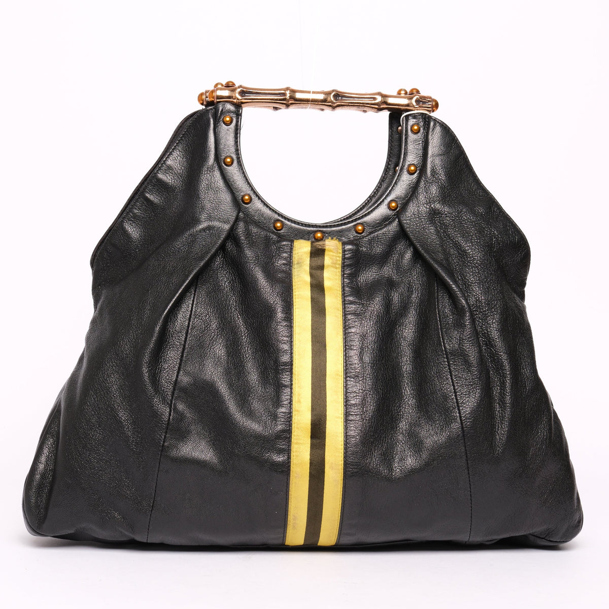 Gucci Black Yellow Striped Bamboo Handle Bag