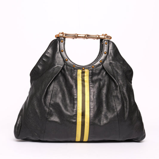 Gucci Black Yellow Striped Bamboo Handle Bag