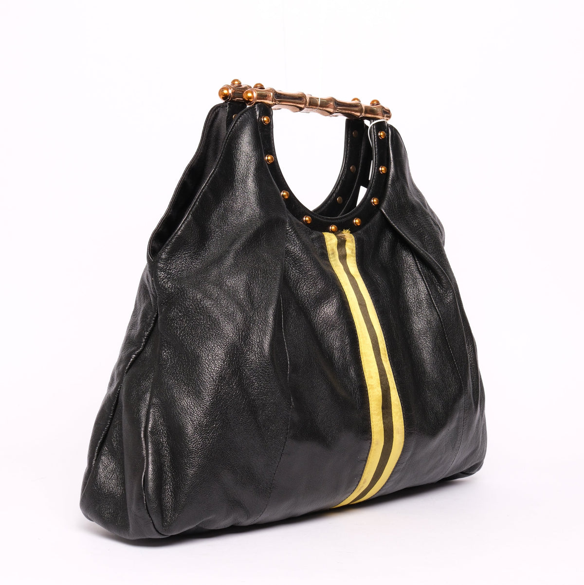 Gucci Black Yellow Striped Bamboo Handle Bag