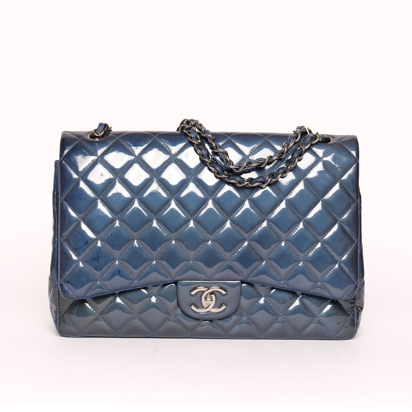 Chanel Patent Leather Blue Jumbo Double Flap Shoulder Bag