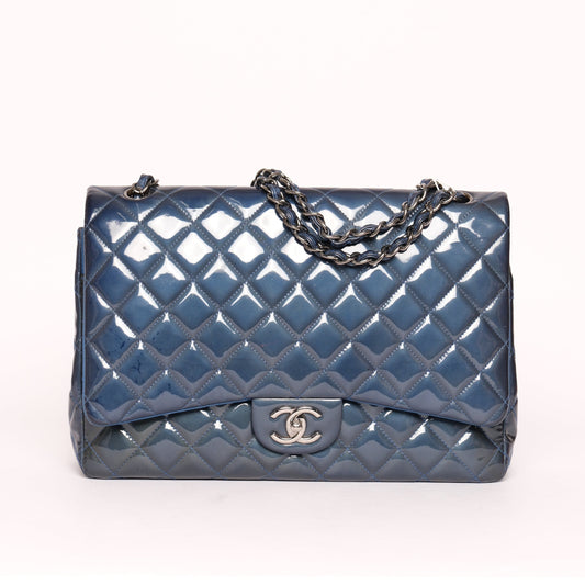 Chanel Patent Leather Blue Jumbo Double Flap Shoulder Bag