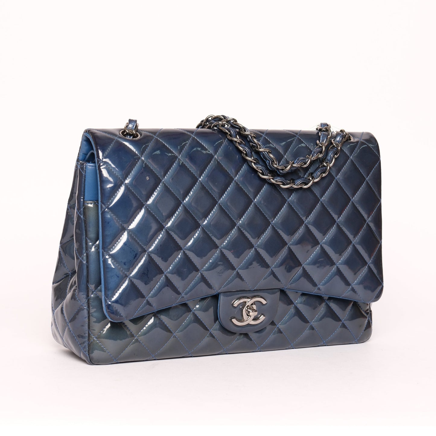 Chanel Patent Leather Blue Jumbo Double Flap Shoulder Bag