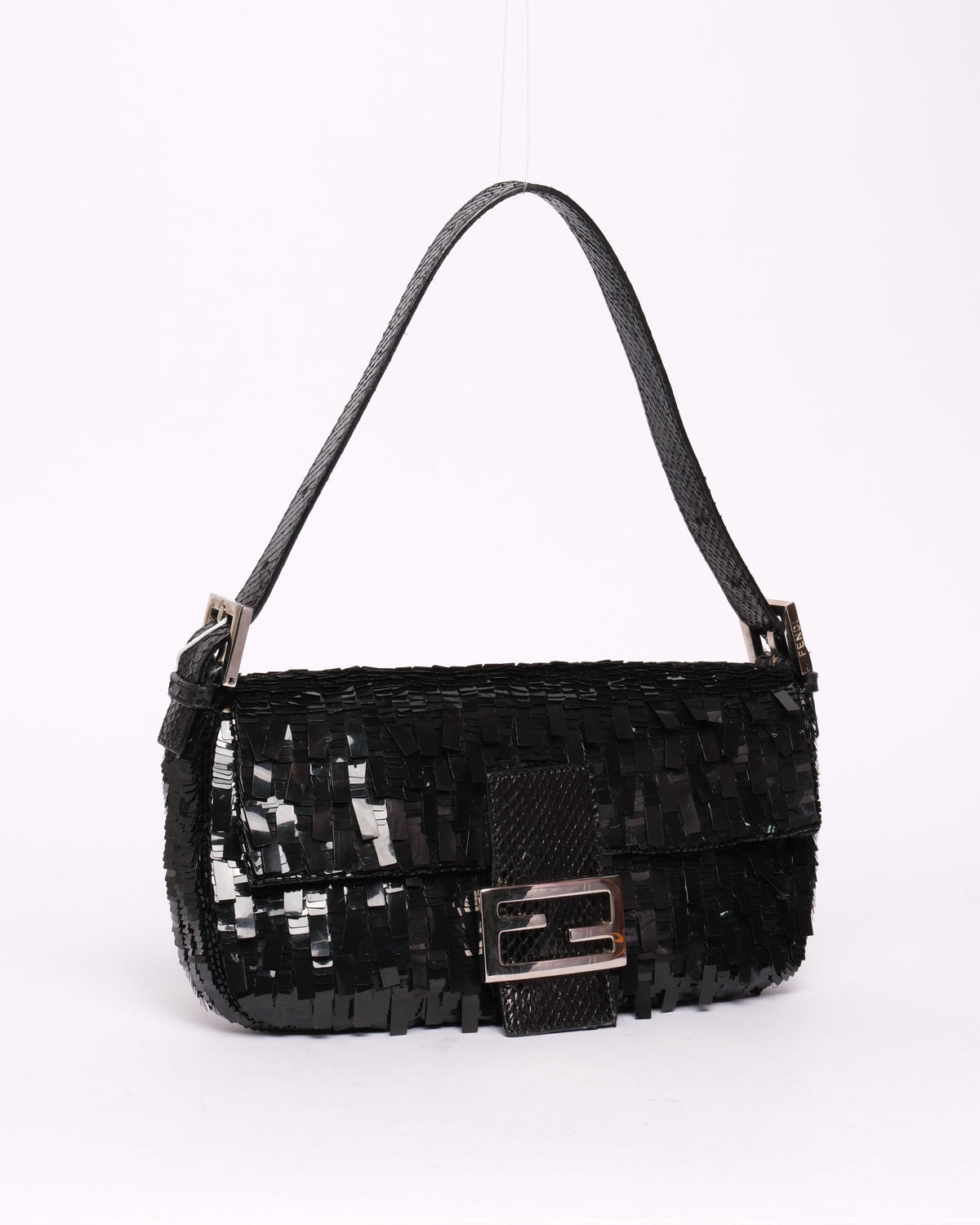 Fendi Black Sequin & Python Baguette Shoulder Bag