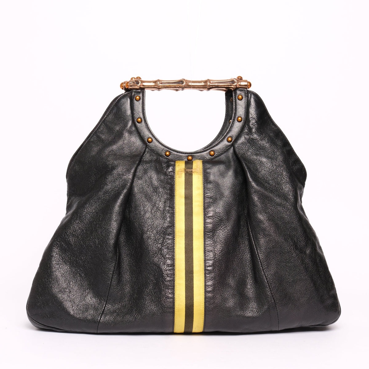 Gucci Black Yellow Striped Bamboo Handle Bag