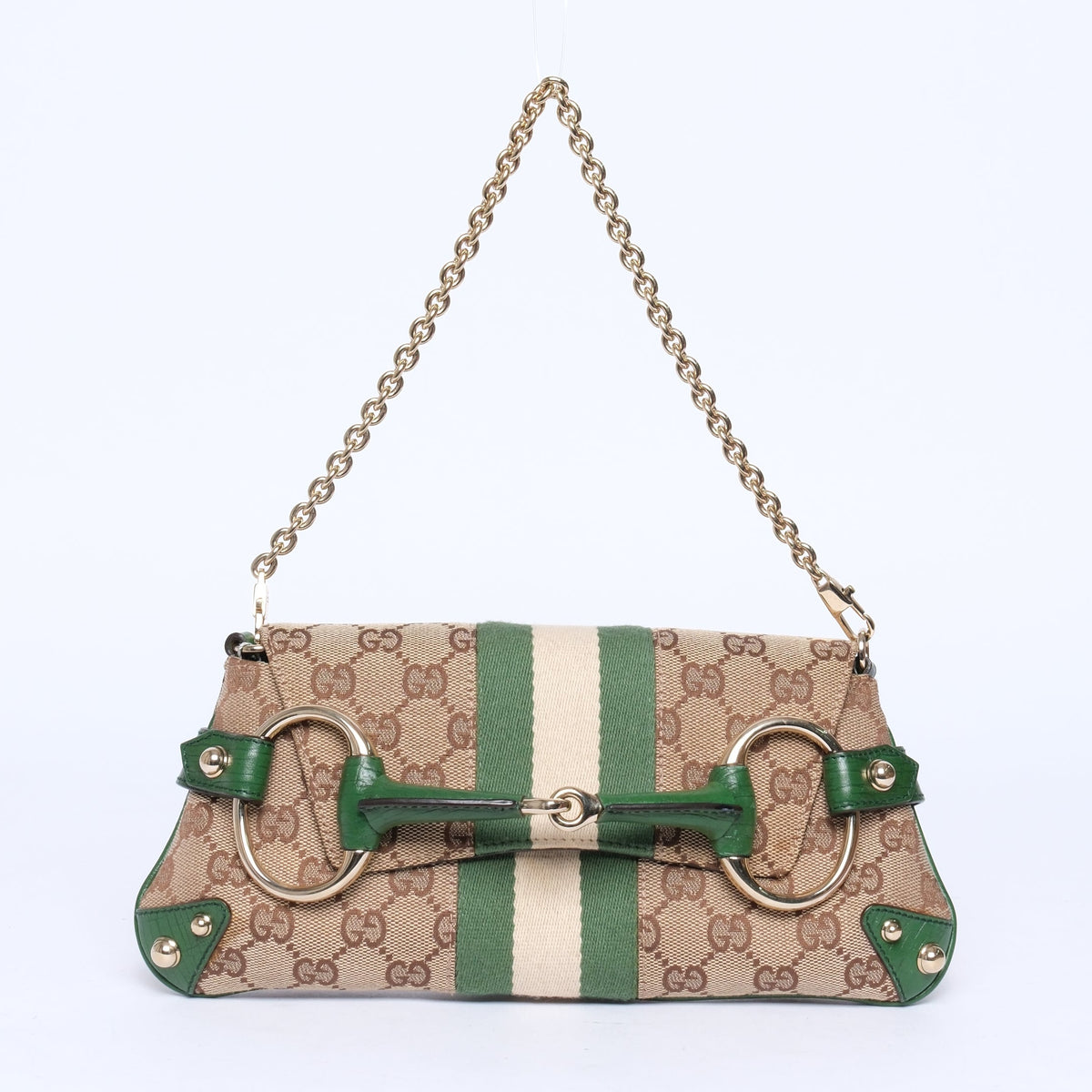 Gucci Brown & Green Canvas Monogram Web Horsebit Mini Pochette
