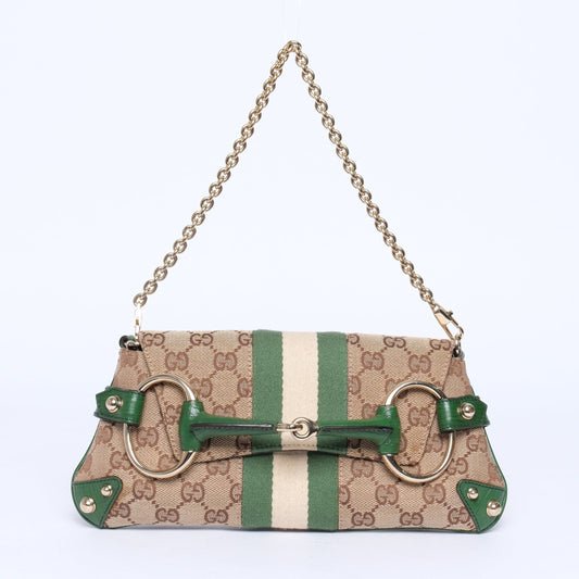 Gucci Brown & Green Canvas Monogram Web Horsebit Mini Pochette