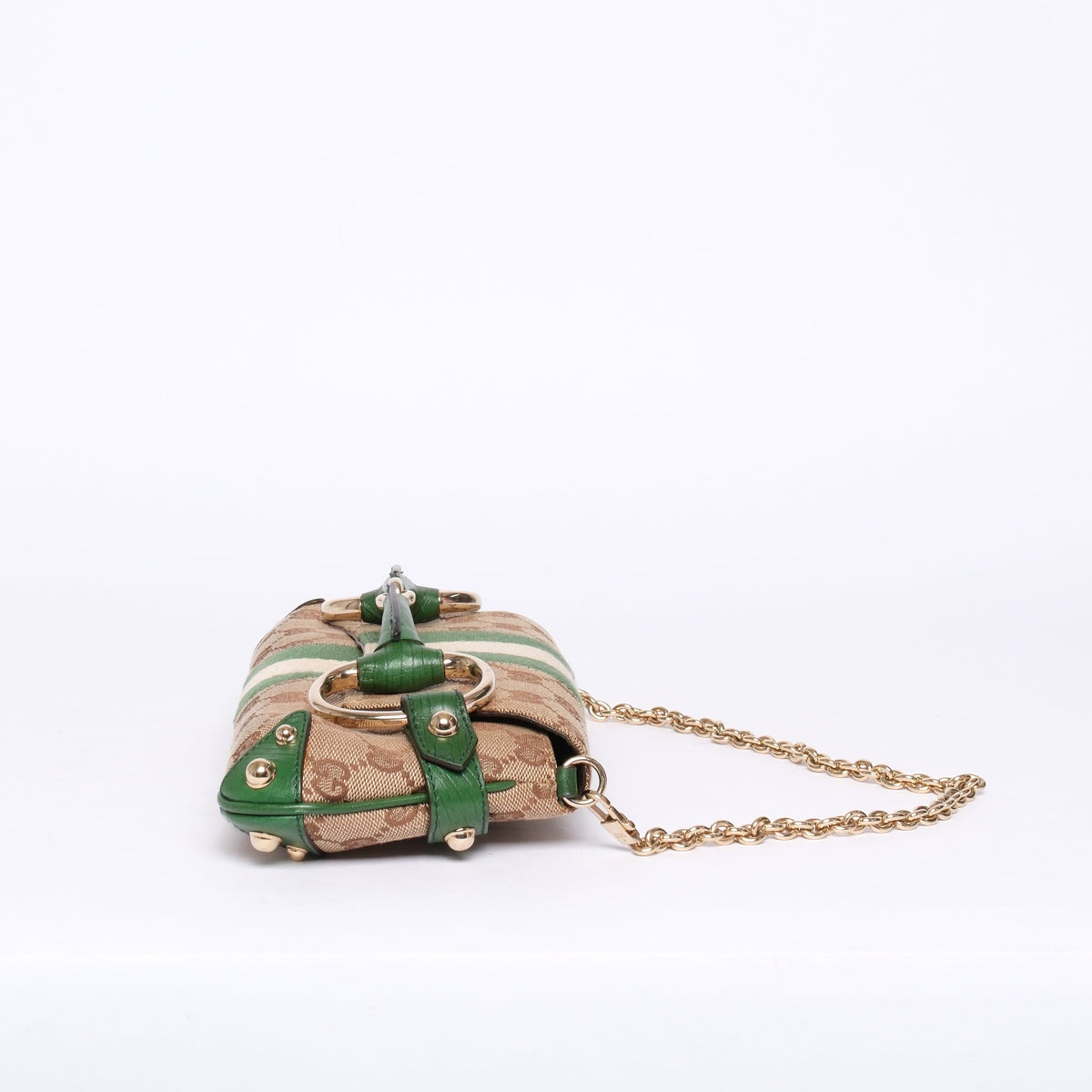 Gucci Brown & Green Canvas Monogram Web Horsebit Mini Pochette