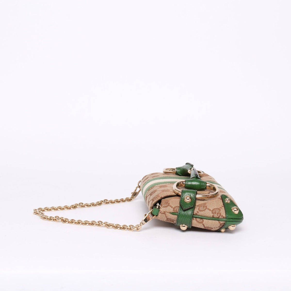 Gucci Brown & Green Canvas Monogram Web Horsebit Mini Pochette