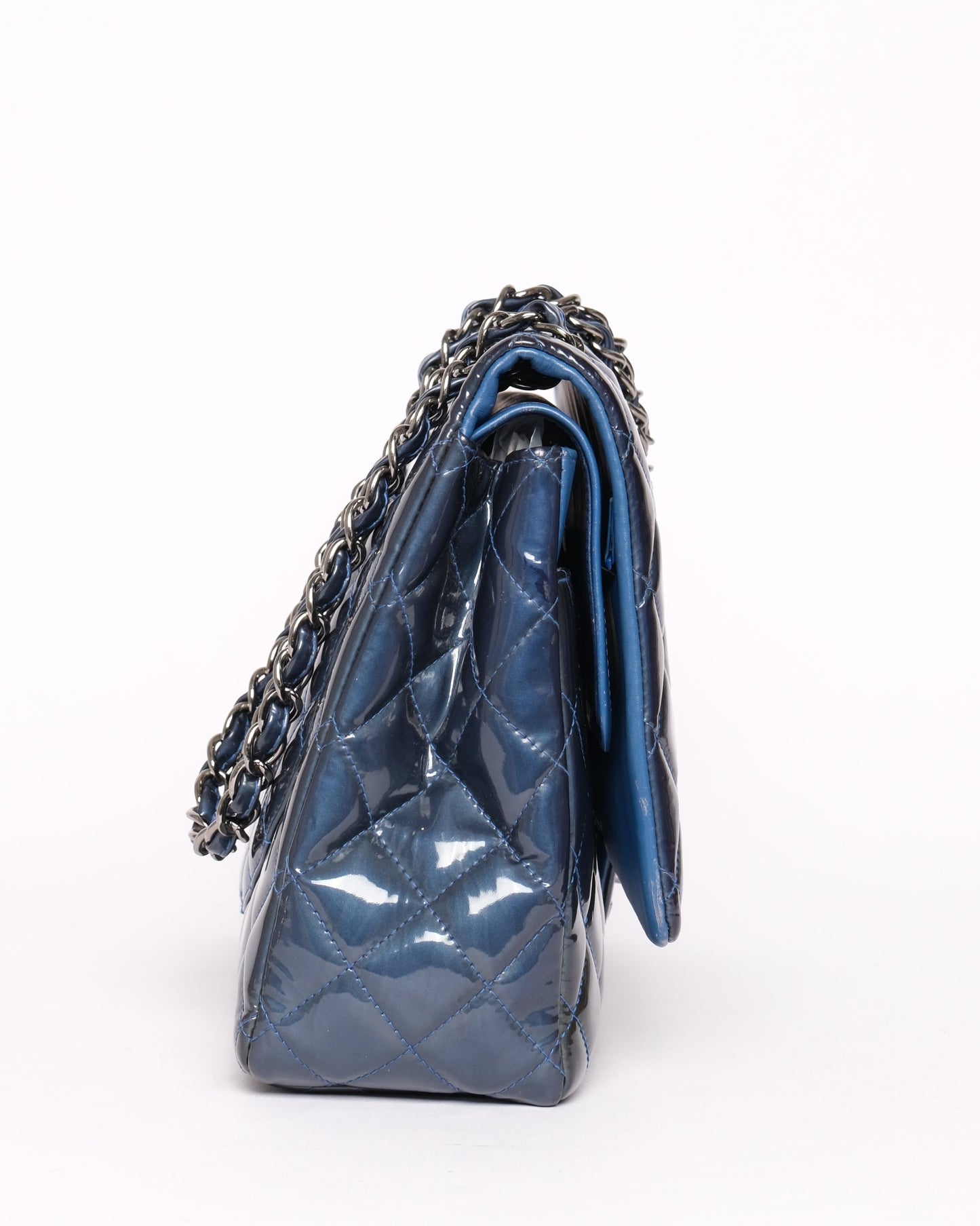Chanel Patent Leather Blue Jumbo Double Flap Shoulder Bag