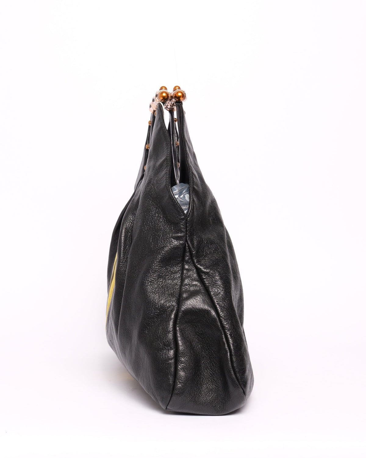 Gucci Black Yellow Striped Bamboo Handle Bag