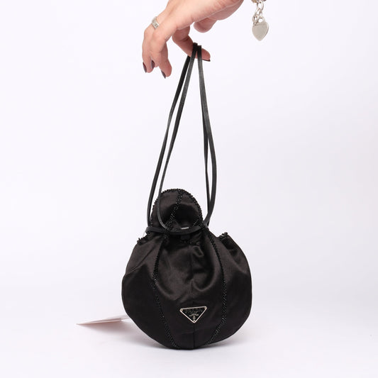 Prada Black Flower Silk Beaded Bucket Bag