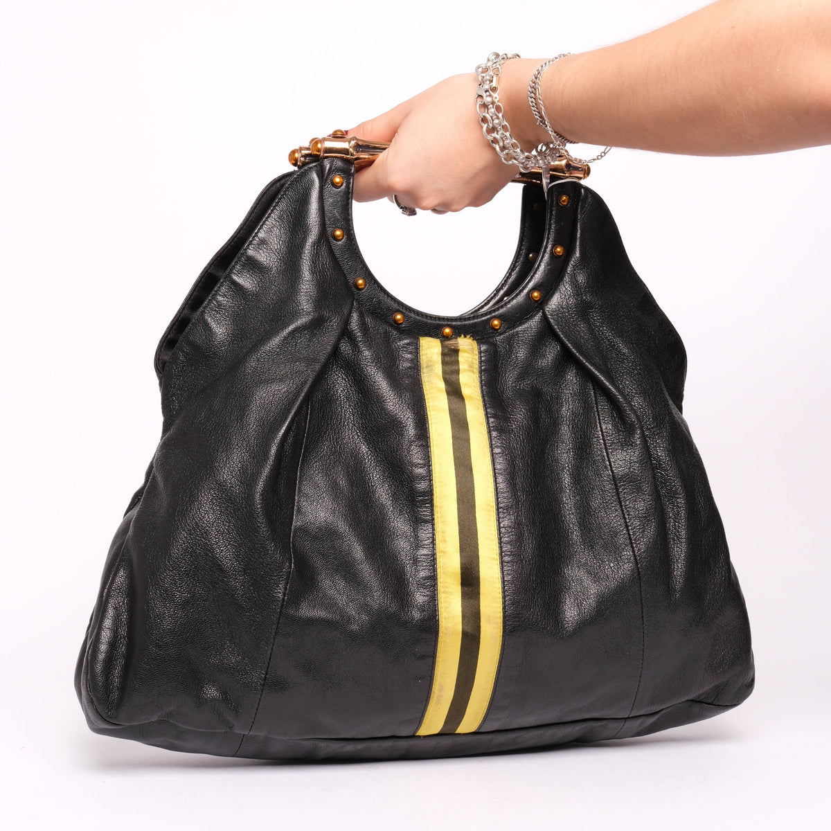 Gucci Black Yellow Striped Bamboo Handle Bag