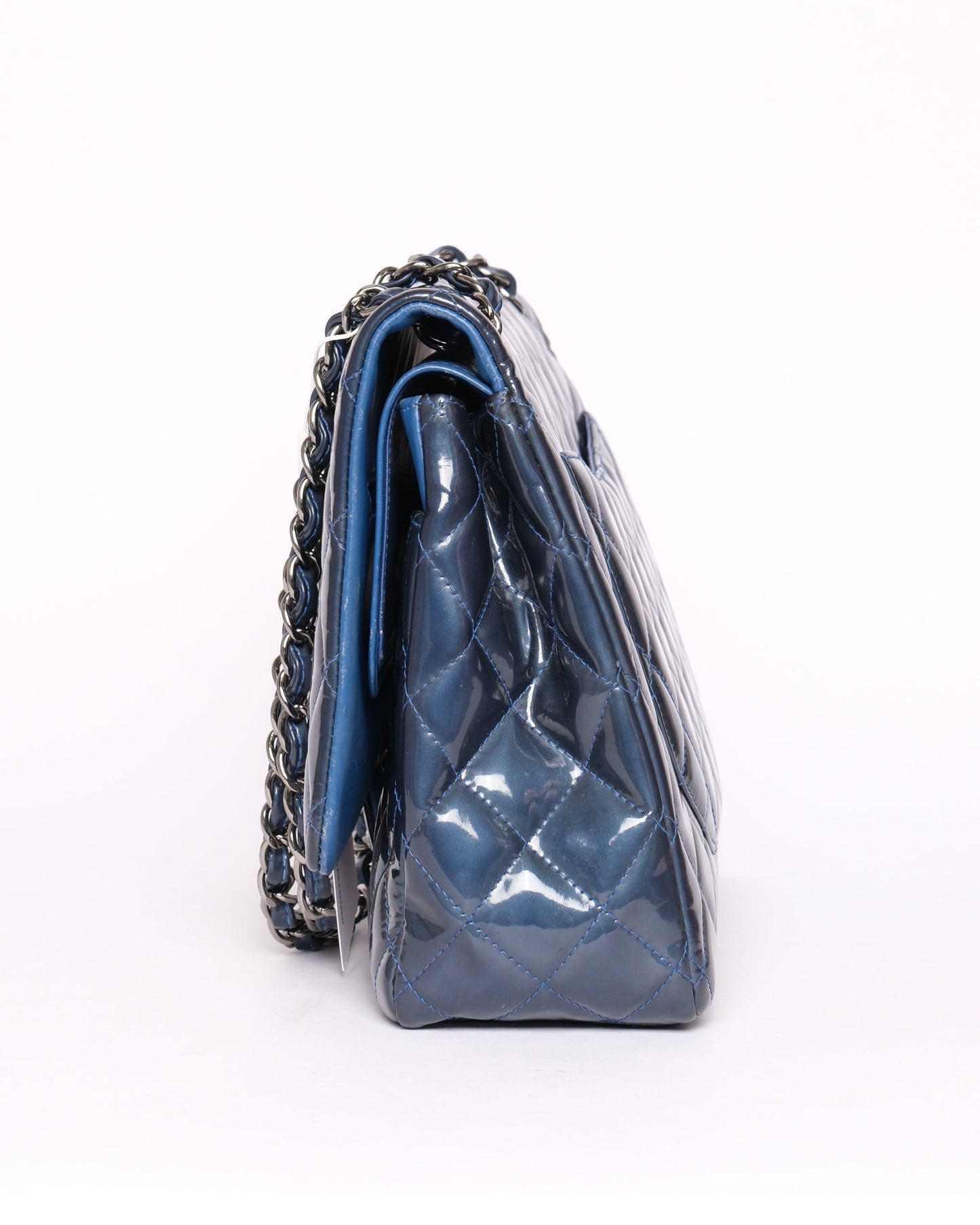 Chanel Patent Leather Blue Jumbo Double Flap Shoulder Bag