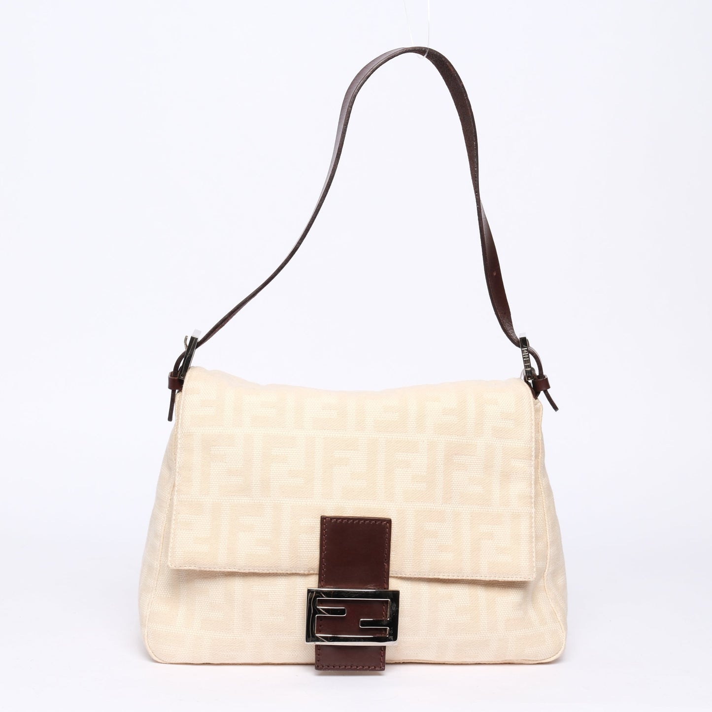 Fendi Ivory & Brown Canvas Leather Zucca Monogram Mamma Bageutte Shoulder Bag