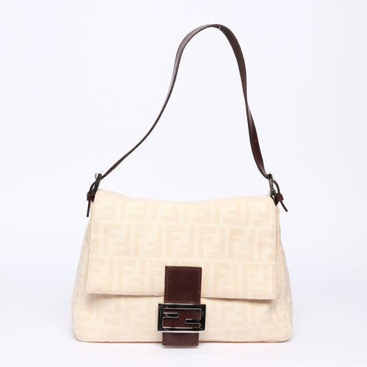 Fendi Ivory & Brown Canvas Leather Zucca Monogram Mamma Bageutte Shoulder Bag