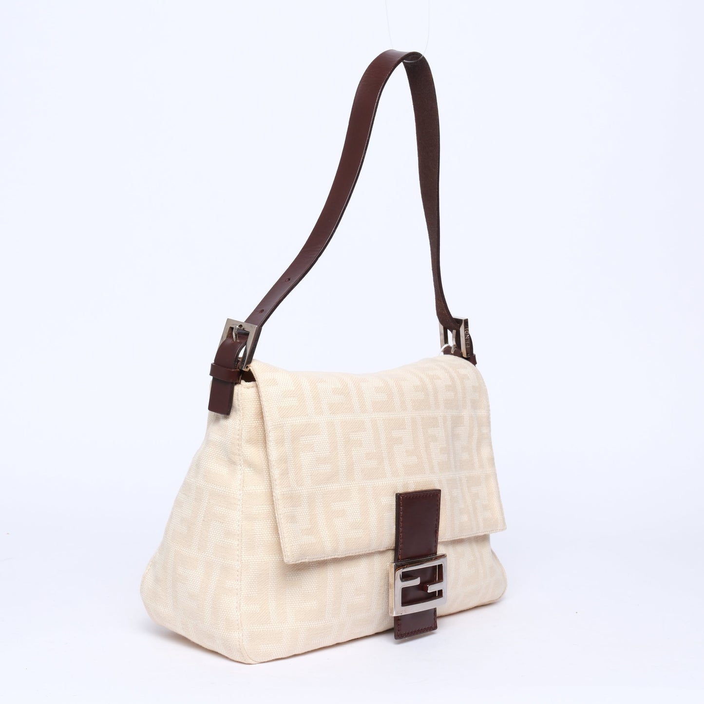 Fendi Ivory & Brown Canvas Leather Zucca Monogram Mamma Bageutte Shoulder Bag